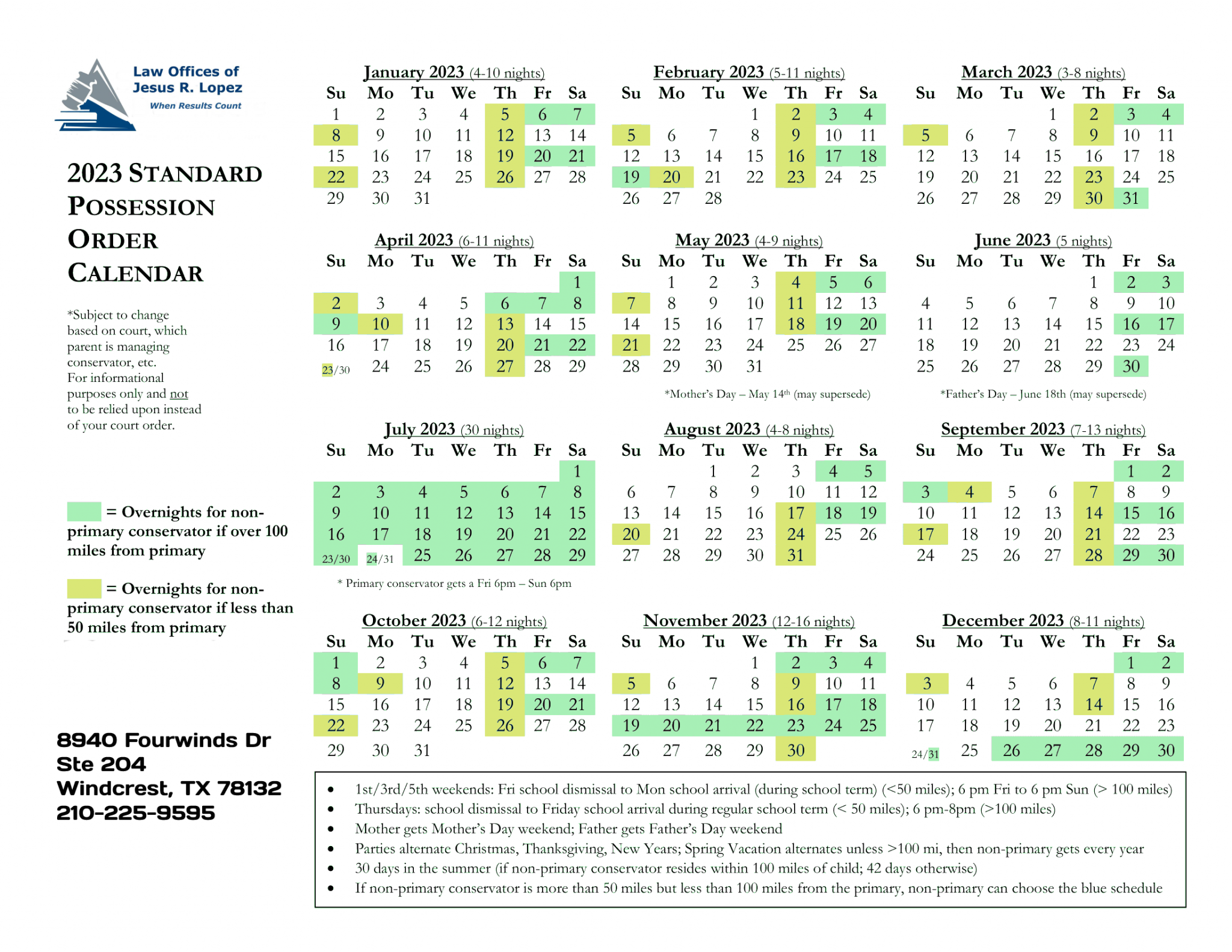 Texas Custody Calendar