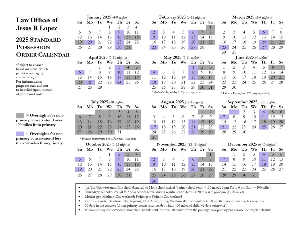 2025 Texas Standard Possession Order with Calendar